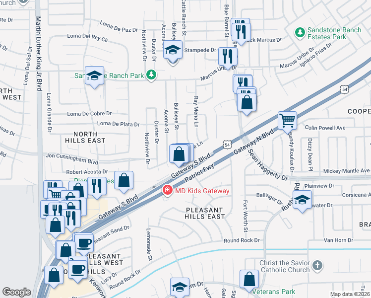 map of restaurants, bars, coffee shops, grocery stores, and more near 10916 Bullseye Street in El Paso