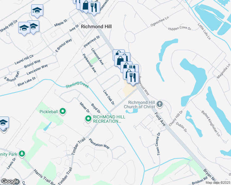 map of restaurants, bars, coffee shops, grocery stores, and more near 130 Live Oak Drive in Richmond Hill
