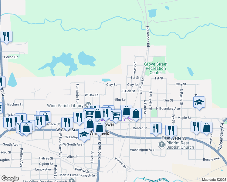 map of restaurants, bars, coffee shops, grocery stores, and more near 501-599 North Laurel Street in Winnfield