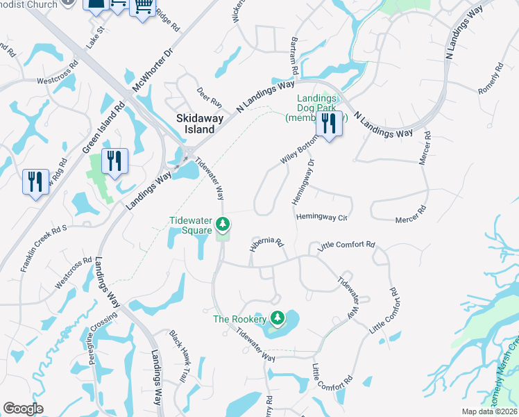 map of restaurants, bars, coffee shops, grocery stores, and more near 215 Wiley Bottom Road in Savannah