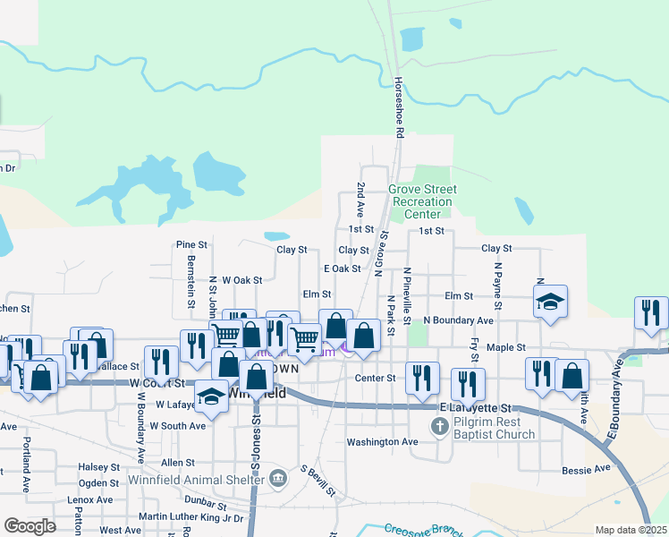map of restaurants, bars, coffee shops, grocery stores, and more near 401 East Oak Street in Winnfield