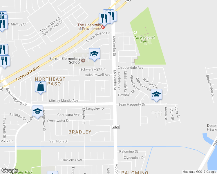 map of restaurants, bars, coffee shops, grocery stores, and more near 5781 Hank Aaron Dr in El Paso