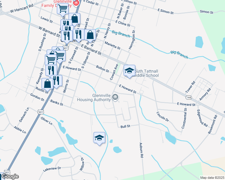 map of restaurants, bars, coffee shops, grocery stores, and more near 312 Herrington Street in Glennville