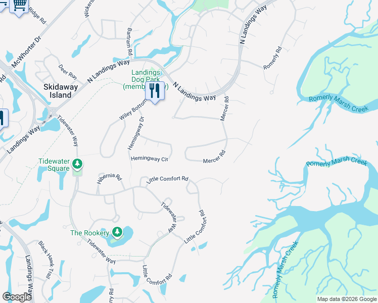 map of restaurants, bars, coffee shops, grocery stores, and more near 119 Mercer Road in Savannah