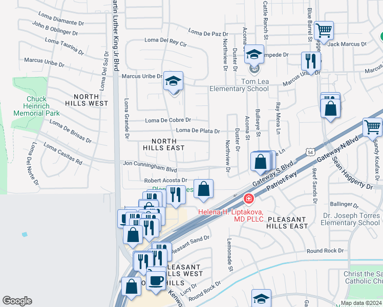 map of restaurants, bars, coffee shops, grocery stores, and more near 10913 Loma De Rio Place in El Paso