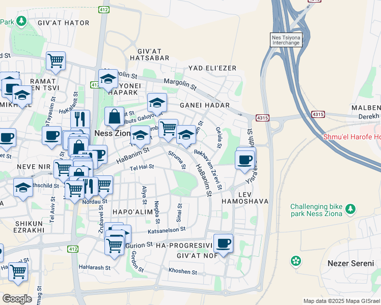 map of restaurants, bars, coffee shops, grocery stores, and more near 1 Rekhav'am Ze'evi Street in Ness Ziona