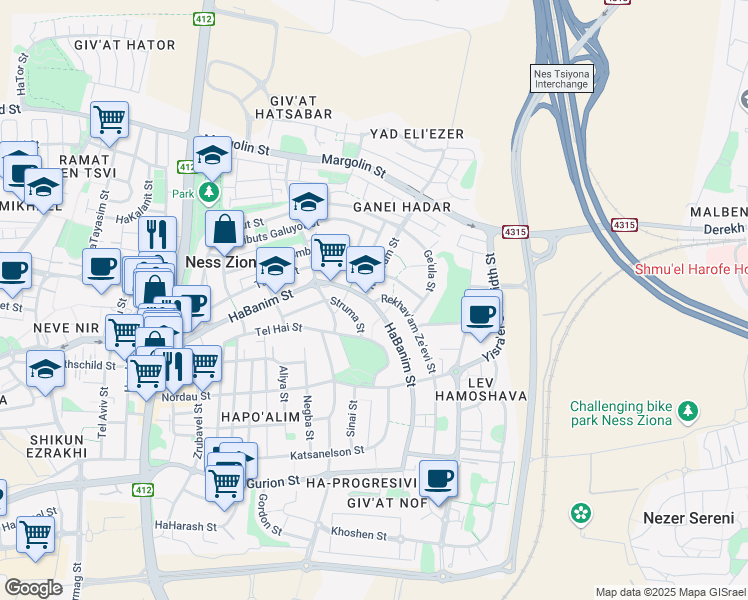 map of restaurants, bars, coffee shops, grocery stores, and more near 1 Rekhav'am Ze'evi Street in Ness Ziona