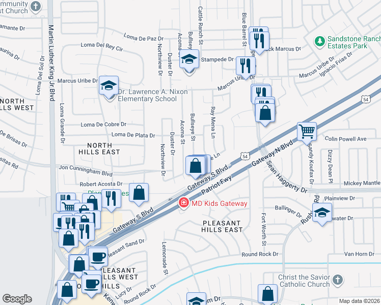 map of restaurants, bars, coffee shops, grocery stores, and more near 10916 Bullseye Street in El Paso