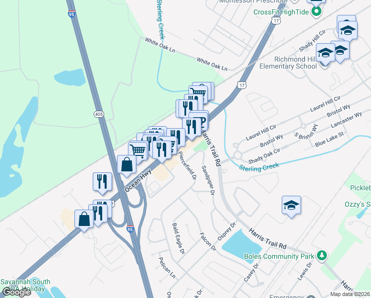 map of restaurants, bars, coffee shops, grocery stores, and more near 3881 U.S. 17 in Richmond Hill