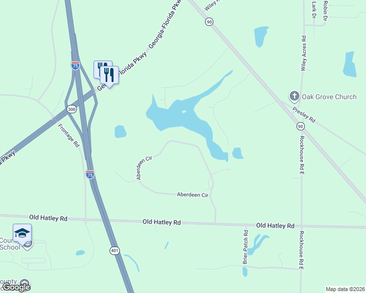 map of restaurants, bars, coffee shops, grocery stores, and more near 45 Aberdeen Circle in Cordele