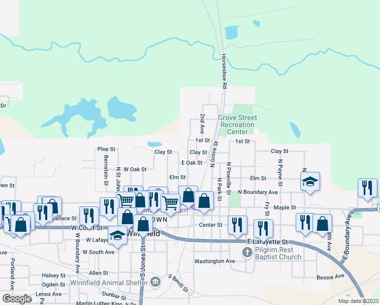 map of restaurants, bars, coffee shops, grocery stores, and more near 401-499 East Oak Street in Winnfield