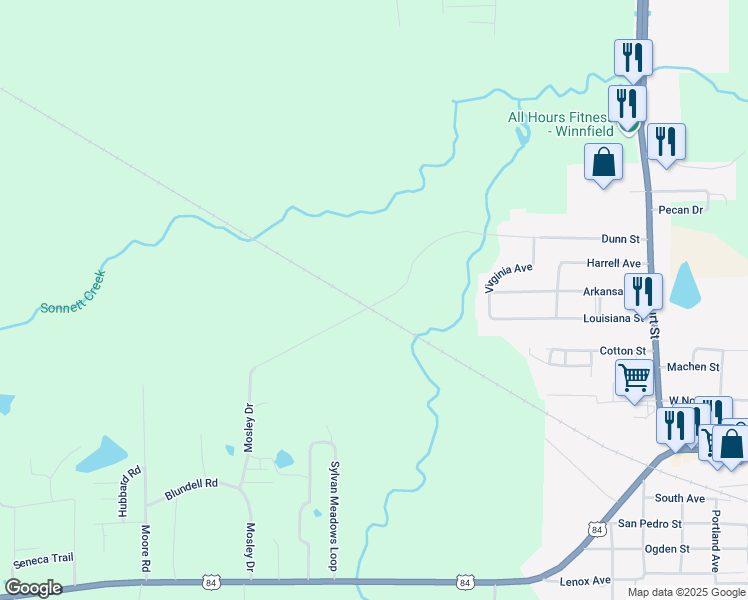 map of restaurants, bars, coffee shops, grocery stores, and more near 463 Mosley Drive in Winnfield