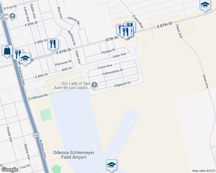 map of restaurants, bars, coffee shops, grocery stores, and more near 1012 E Hillmont Rd in Odessa