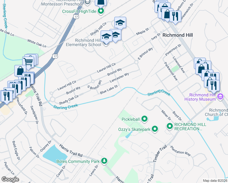 map of restaurants, bars, coffee shops, grocery stores, and more near 232 Blue Lake Street in Richmond Hill