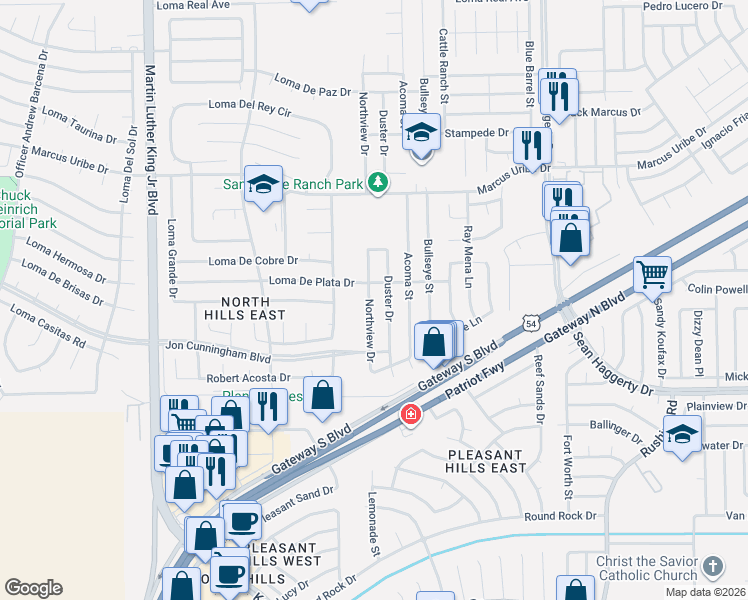 map of restaurants, bars, coffee shops, grocery stores, and more near 10965 Northview Drive in El Paso