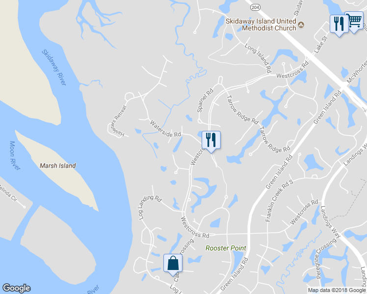 map of restaurants, bars, coffee shops, grocery stores, and more near 3 Moonglade Lane in Savannah