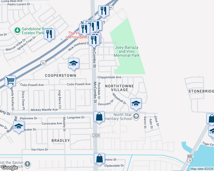 map of restaurants, bars, coffee shops, grocery stores, and more near 11052 Middledale Street in El Paso
