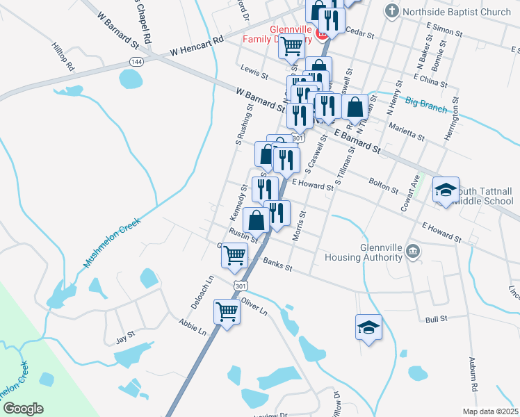 map of restaurants, bars, coffee shops, grocery stores, and more near 208 Charlton Street in Glennville