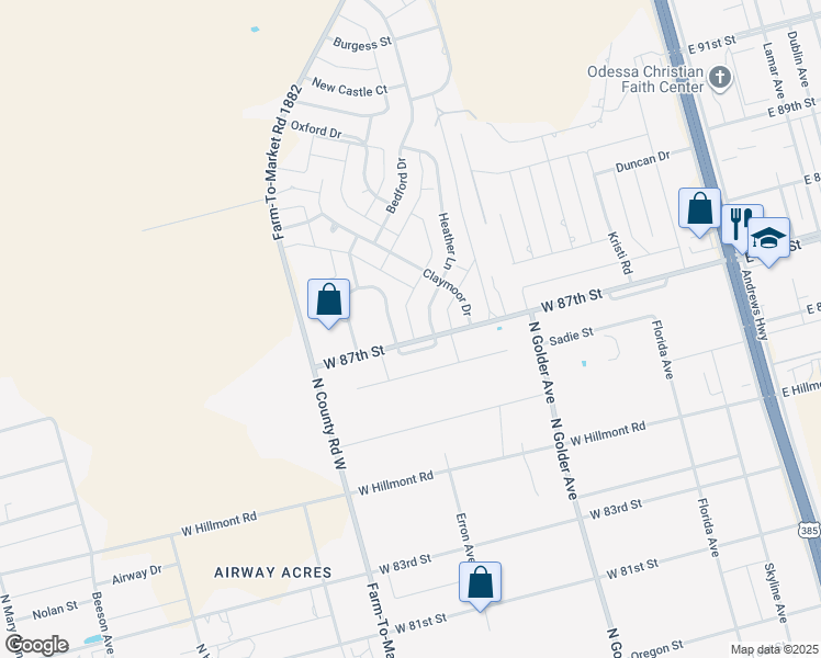map of restaurants, bars, coffee shops, grocery stores, and more near 13 Dartmouth Circle in Odessa