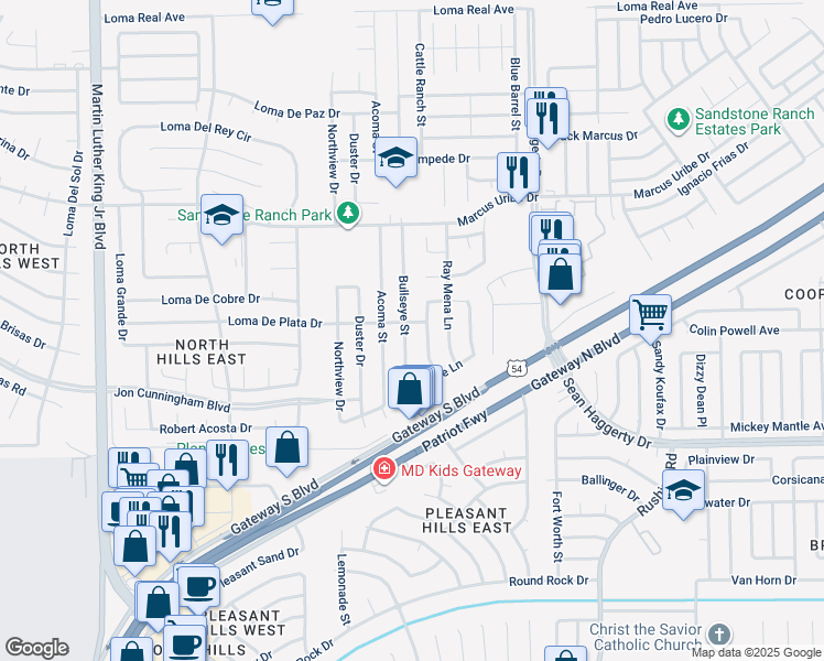 map of restaurants, bars, coffee shops, grocery stores, and more near 10960 Bullseye Street in El Paso