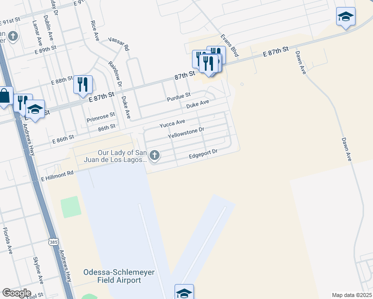 map of restaurants, bars, coffee shops, grocery stores, and more near 1012 East Hillmont Road in Odessa