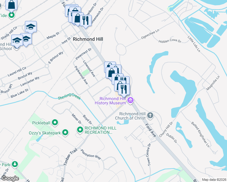 map of restaurants, bars, coffee shops, grocery stores, and more near 207 Robinson Loop in Richmond Hill