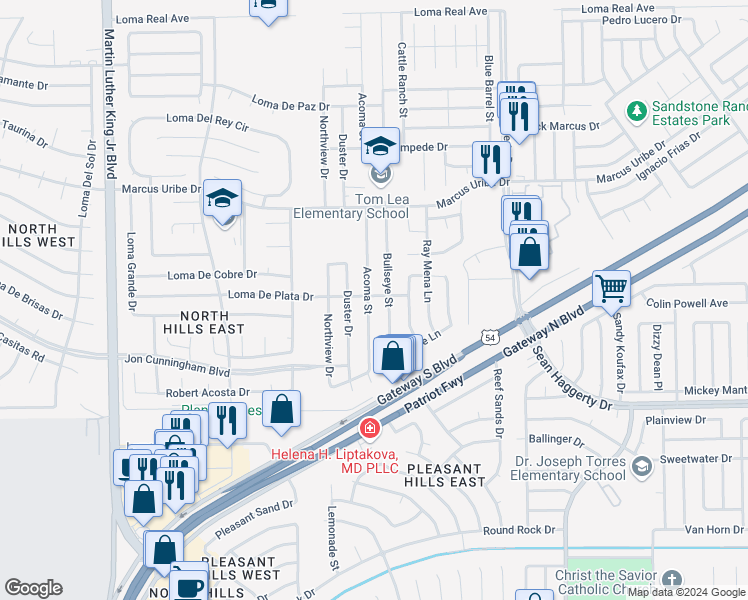 map of restaurants, bars, coffee shops, grocery stores, and more near 10964 Acoma Street in El Paso