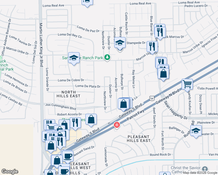 map of restaurants, bars, coffee shops, grocery stores, and more near 10961 Acoma Street in El Paso