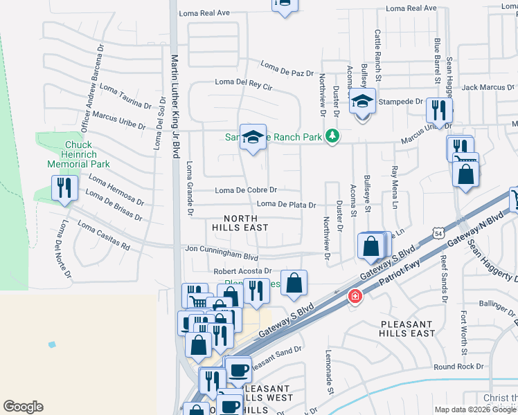 map of restaurants, bars, coffee shops, grocery stores, and more near 4652 Loma De Plata Drive in El Paso