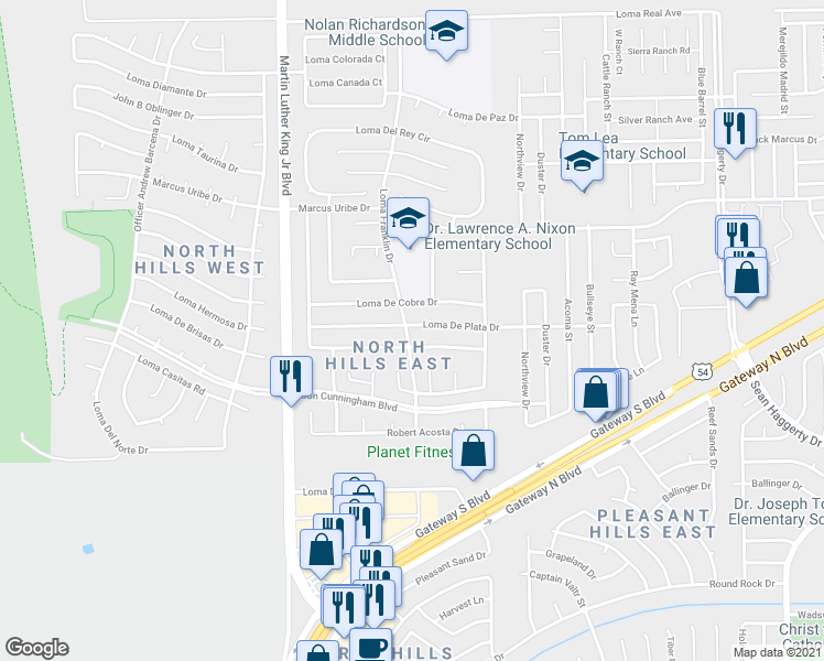 map of restaurants, bars, coffee shops, grocery stores, and more near 4652 Loma De Plata Drive in El Paso
