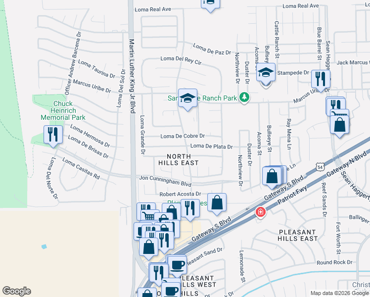 map of restaurants, bars, coffee shops, grocery stores, and more near 4652 Loma De Plata Drive in El Paso
