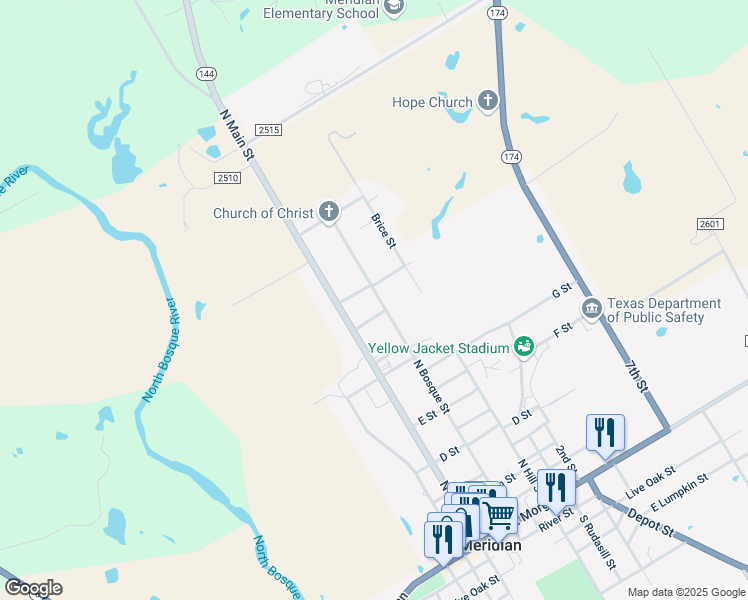 map of restaurants, bars, coffee shops, grocery stores, and more near 906 Bosque Street in Meridian