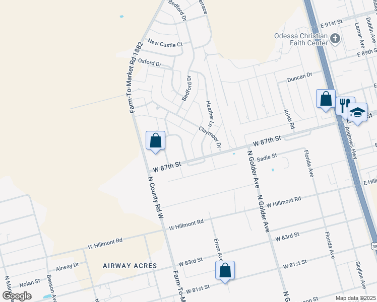map of restaurants, bars, coffee shops, grocery stores, and more near 13 Dartmouth Circle in Odessa