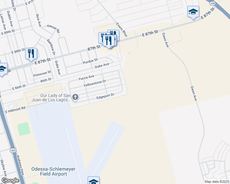 map of restaurants, bars, coffee shops, grocery stores, and more near 1113 Edgeport Drive in Odessa