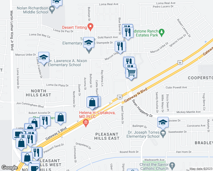 map of restaurants, bars, coffee shops, grocery stores, and more near 10953 Coyote Ranch Lane in El Paso