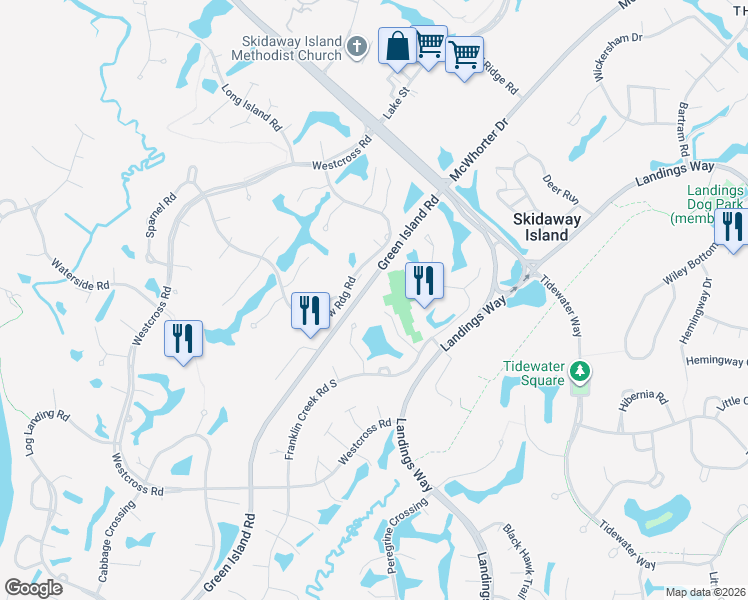 map of restaurants, bars, coffee shops, grocery stores, and more near 15 Highgate Lane in Savannah