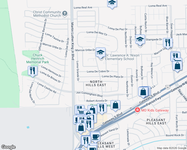 map of restaurants, bars, coffee shops, grocery stores, and more near 4620 Loma De Plata Drive in El Paso