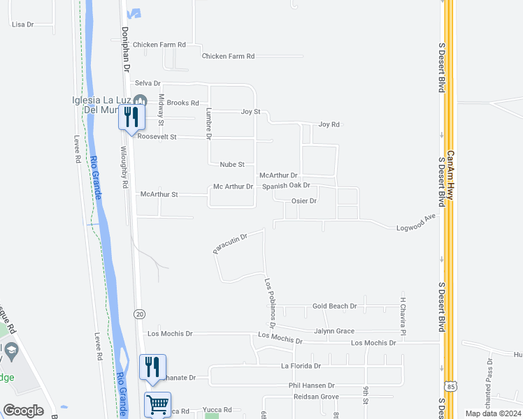 map of restaurants, bars, coffee shops, grocery stores, and more near 420 Corregidor Avenue in Canutillo