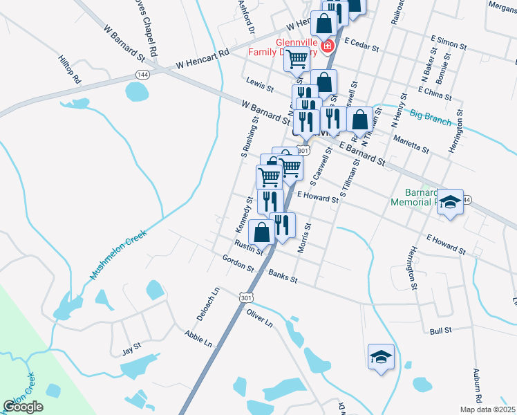 map of restaurants, bars, coffee shops, grocery stores, and more near 208 Charlton Street in Glennville