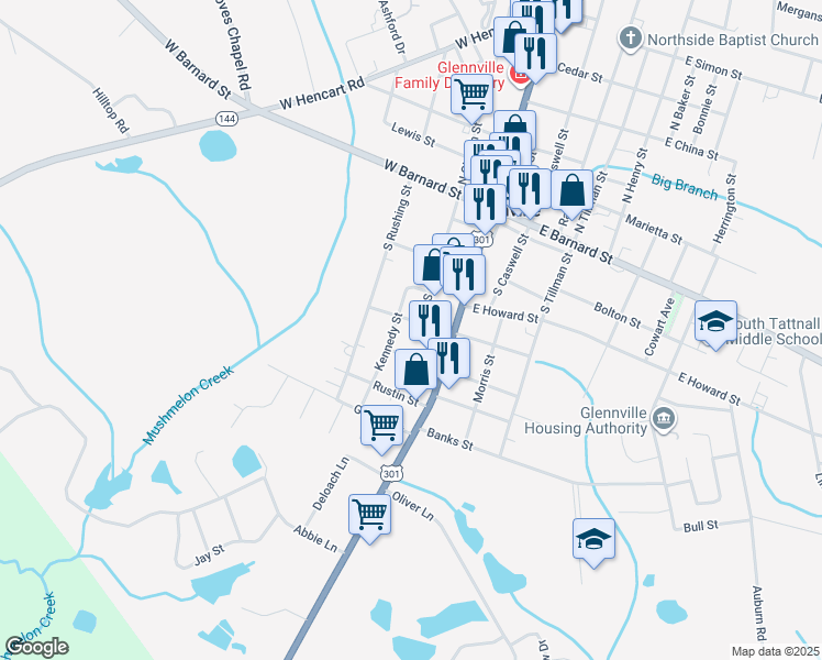 map of restaurants, bars, coffee shops, grocery stores, and more near 208 Charlton Street in Glennville