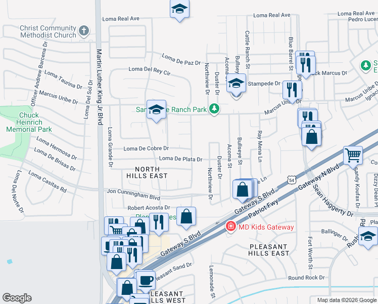 map of restaurants, bars, coffee shops, grocery stores, and more near 4764 Loma De Cobre Drive in El Paso