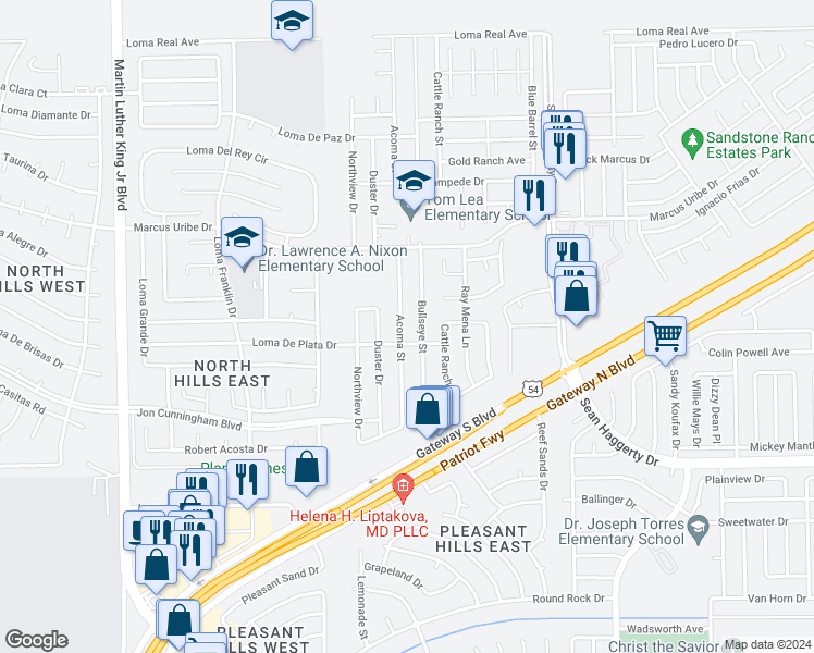 map of restaurants, bars, coffee shops, grocery stores, and more near 11012 Acoma Street in El Paso