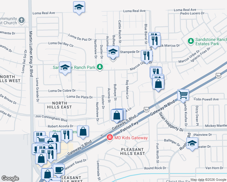 map of restaurants, bars, coffee shops, grocery stores, and more near 11032 Bullseye Street in El Paso