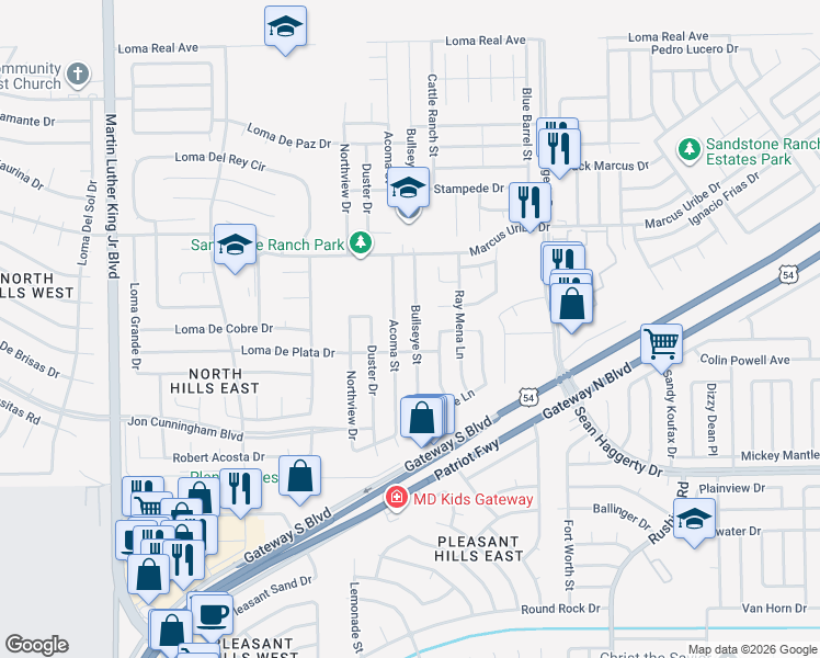 map of restaurants, bars, coffee shops, grocery stores, and more near 11032 Bullseye Street in El Paso