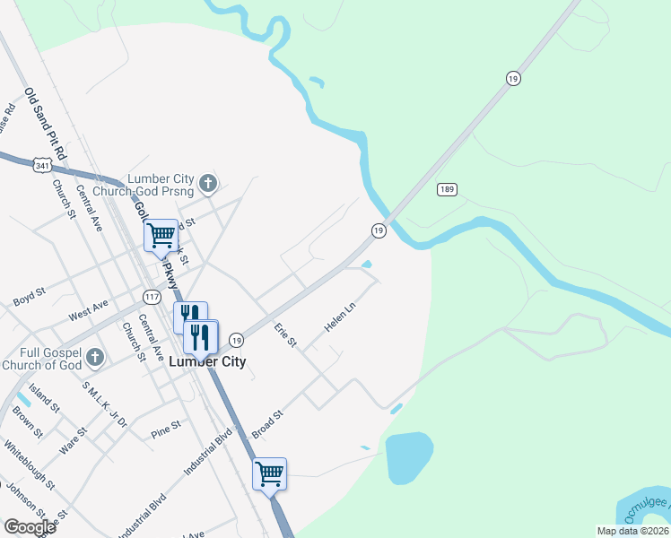 map of restaurants, bars, coffee shops, grocery stores, and more near 36 Thompson Drive in Lumber City