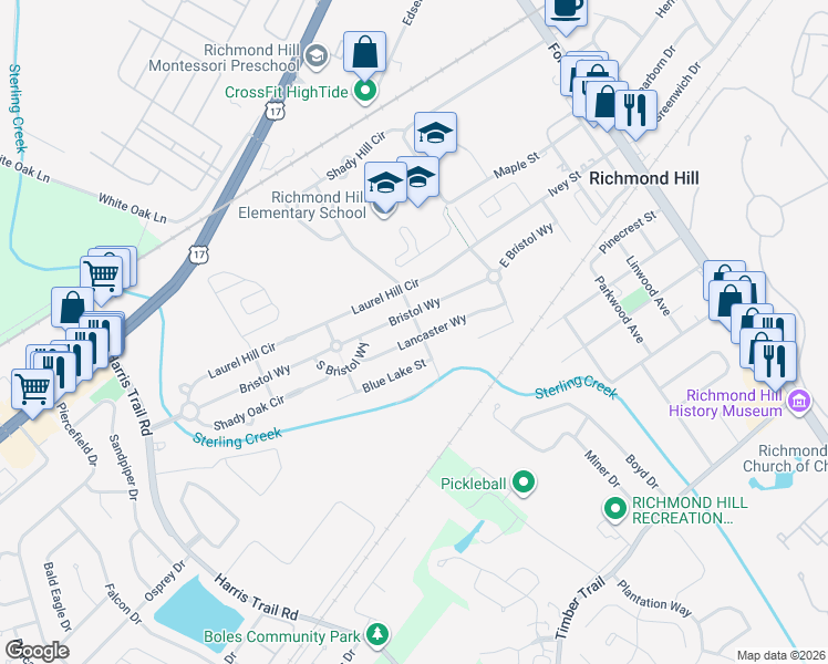 map of restaurants, bars, coffee shops, grocery stores, and more near 175 Lancaster Way in Richmond Hill