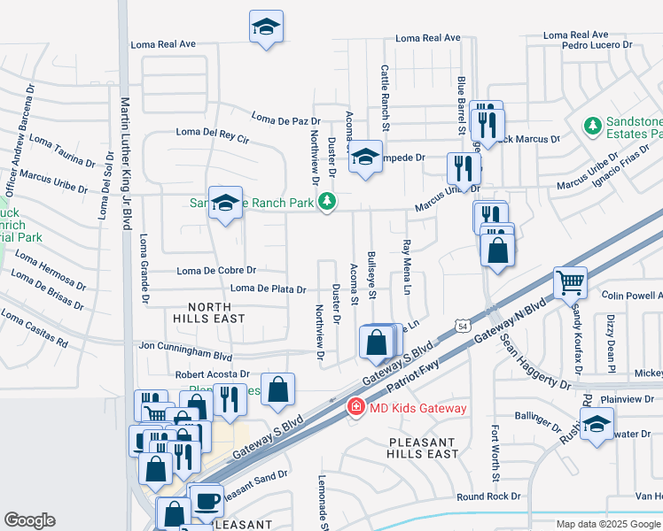 map of restaurants, bars, coffee shops, grocery stores, and more near 11021 Duster Drive in El Paso