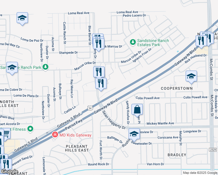 map of restaurants, bars, coffee shops, grocery stores, and more near Gateway South Boulevard in El Paso