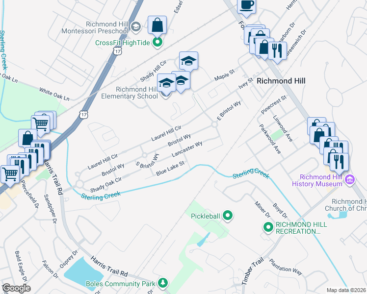 map of restaurants, bars, coffee shops, grocery stores, and more near 175 Lancaster Way in Richmond Hill