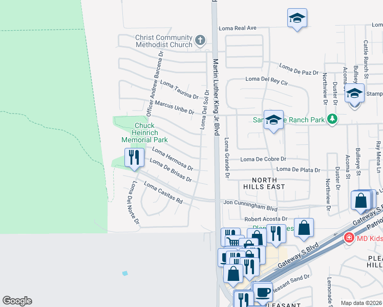 map of restaurants, bars, coffee shops, grocery stores, and more near 4396 Loma De Luna Drive in El Paso